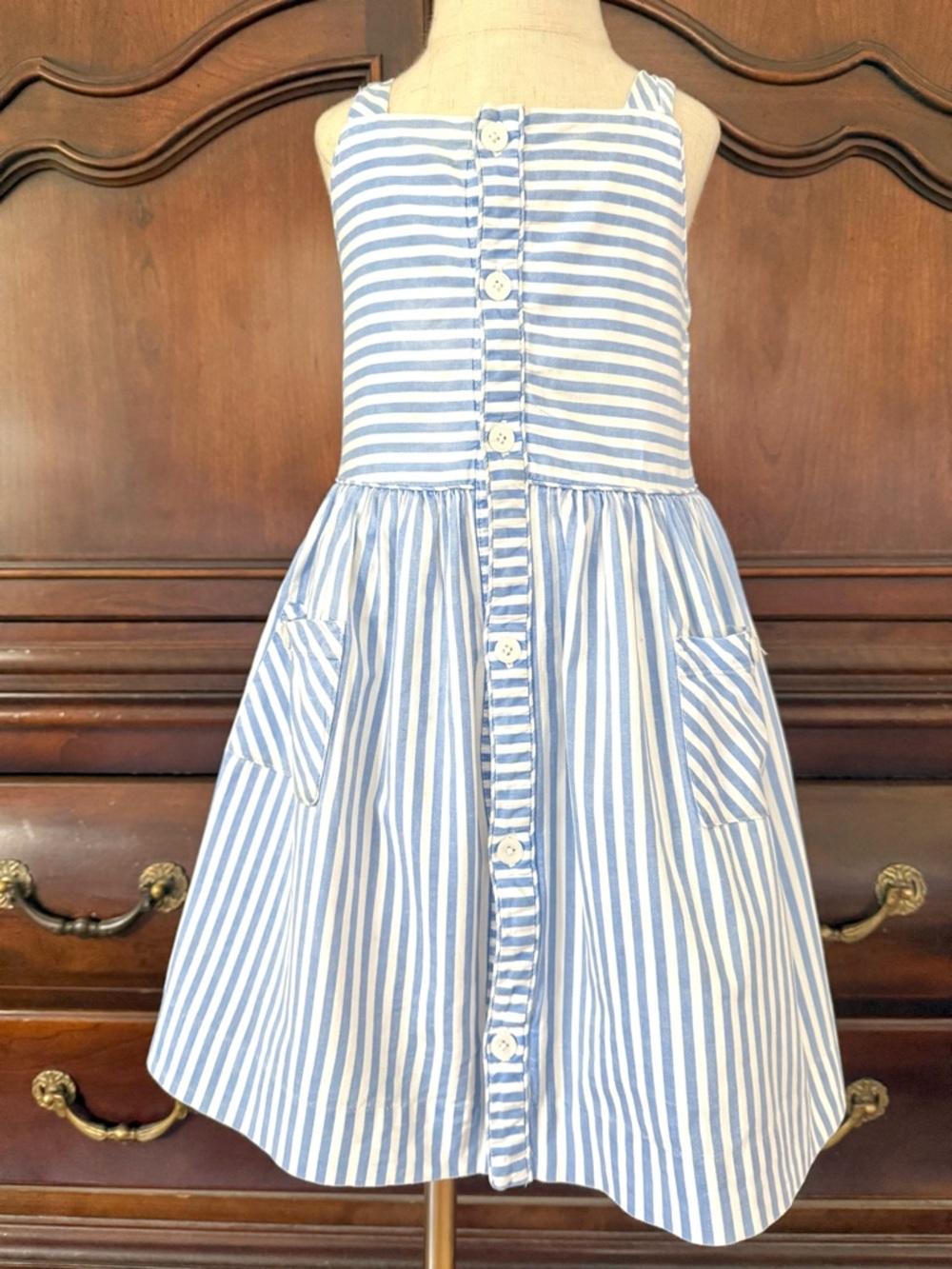 Rachel Riley Blue White Stripe Dress Girls 4Y Button Front Pocket Summer Dress